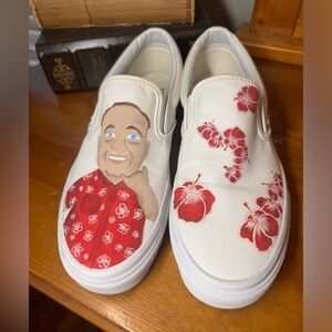 Hand painted men’s vans. Classic slip on, size 9, Baller Status, red & white